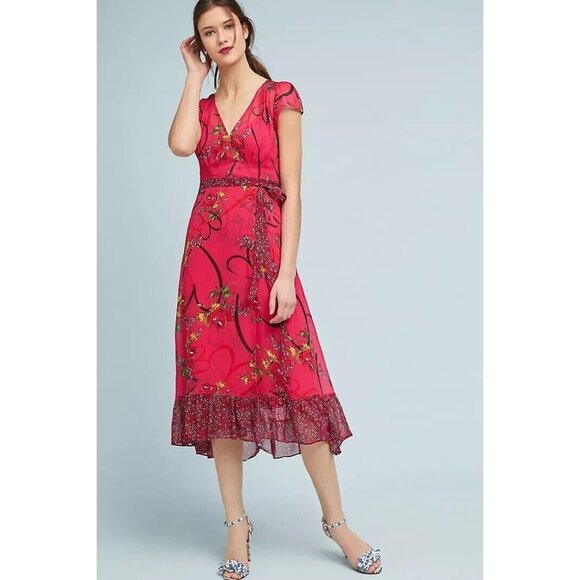Anthropologie Dresses & Skirts - EUC  Anthropologie pink Valentine Wrap ruffled hem v neck Dress womens size 0p